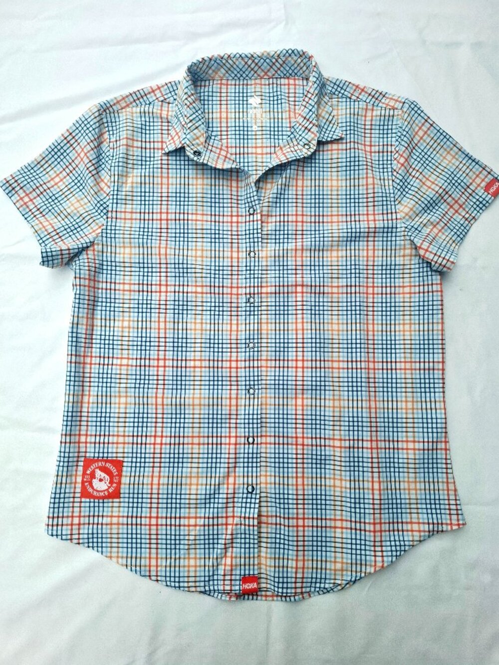 Rabbit Hoka Running Shirt Womens Large Western States Logo Collared Plaid Snaps